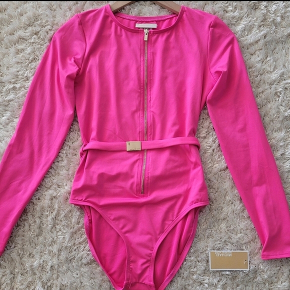 Michael Kors Pink long Sleeve Zip Up Logo Belt One Piece Paddle Swimsuit Size 10 - Picture 1 of 12